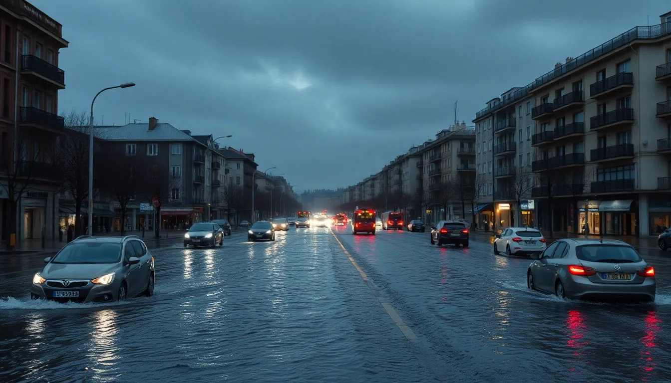 Rue urbaine complètement inondée par des eaux boueuses