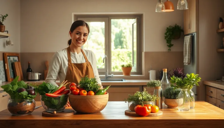 Une cuisine moderne et épurée avec des contenants réutilisables et des légumes frais.