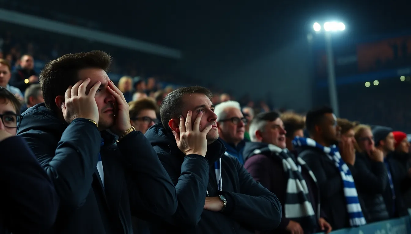 Supporters de football de Dunkerque dépités dans les tribunes.