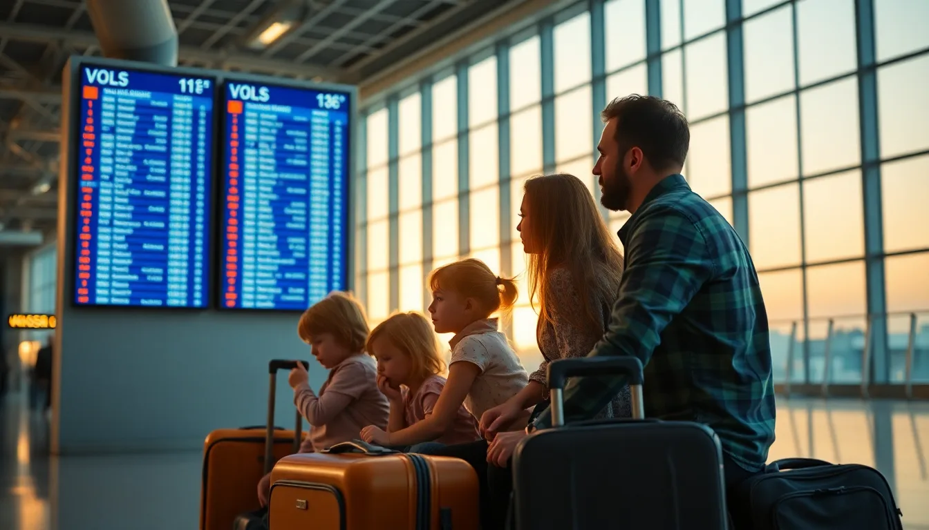 Famille désespérée devant un panneau d'aéroport annulant un vol