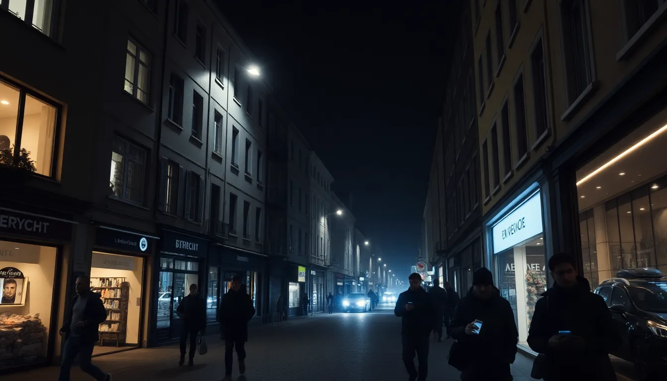 Rue sombre d'une ville sans aucune lumière.