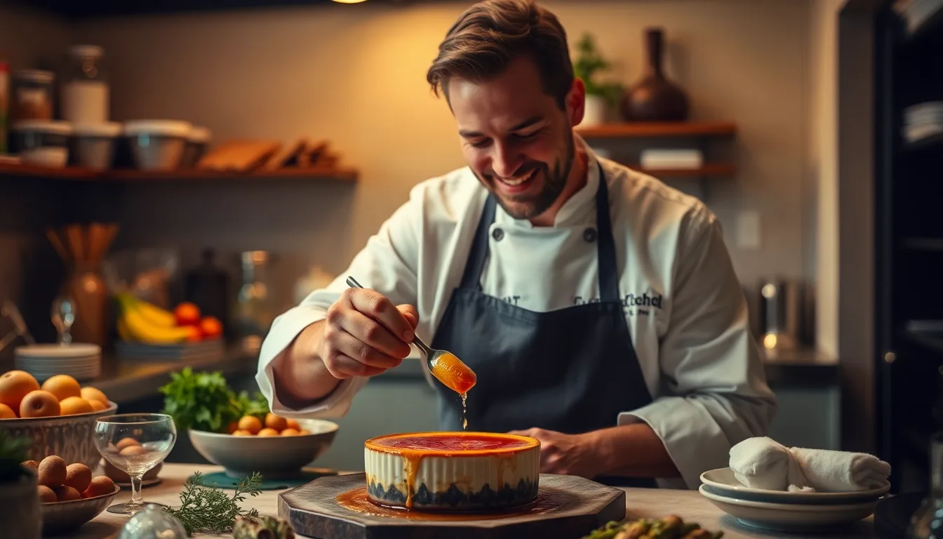 Philippe Etchebest souriant devant une crème brûlée parfaitement caramélisée