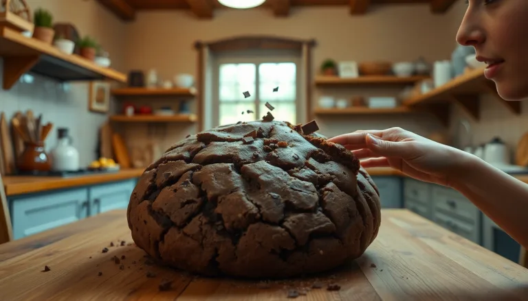 Un immense cookie aux pépites de chocolat, tout juste sorti du four, sur une planche à découper.