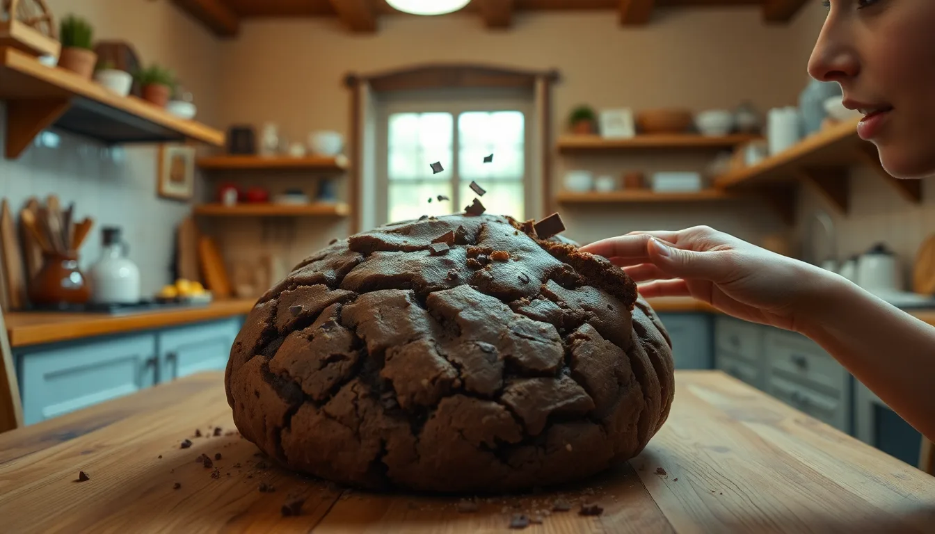 Un immense cookie aux pépites de chocolat, tout juste sorti du four, sur une planche à découper.