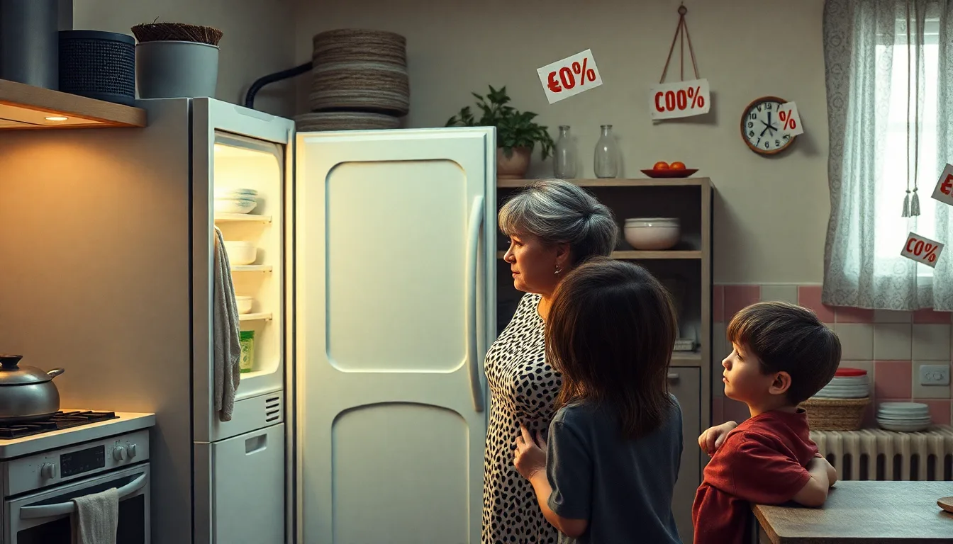 Une personne regardant un ticket de caisse avec consternation devant des étals de fruits et légumes vides.