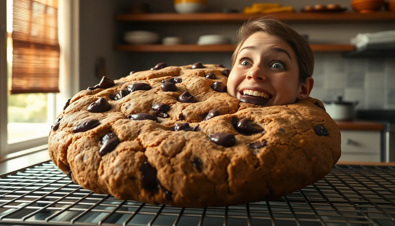 Un cookie géant et appétissant, avec des ingrédients de préparation disposés autour.