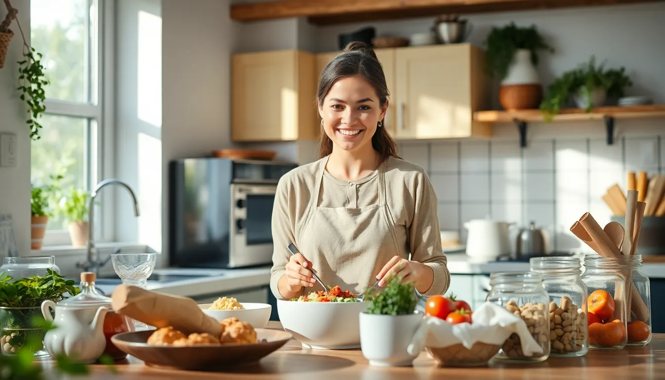 Une cuisine propre et organisée avec des produits frais et des contenants réutilisables.