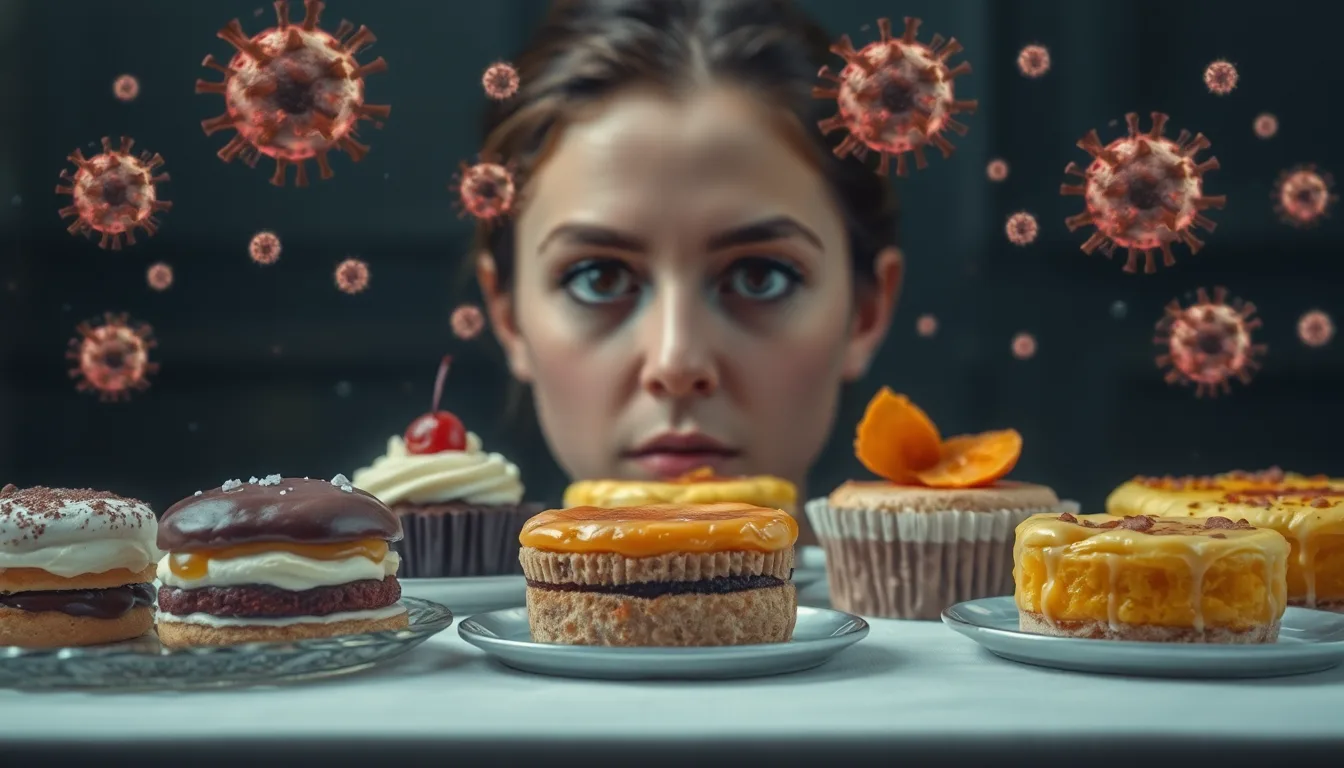 Un dessert visuellement parfait, mais avec une ombre menaçante suggérant un danger invisible.