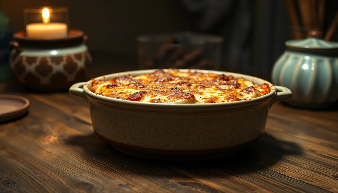Un ancien plat à gratin en céramique sur une table en bois