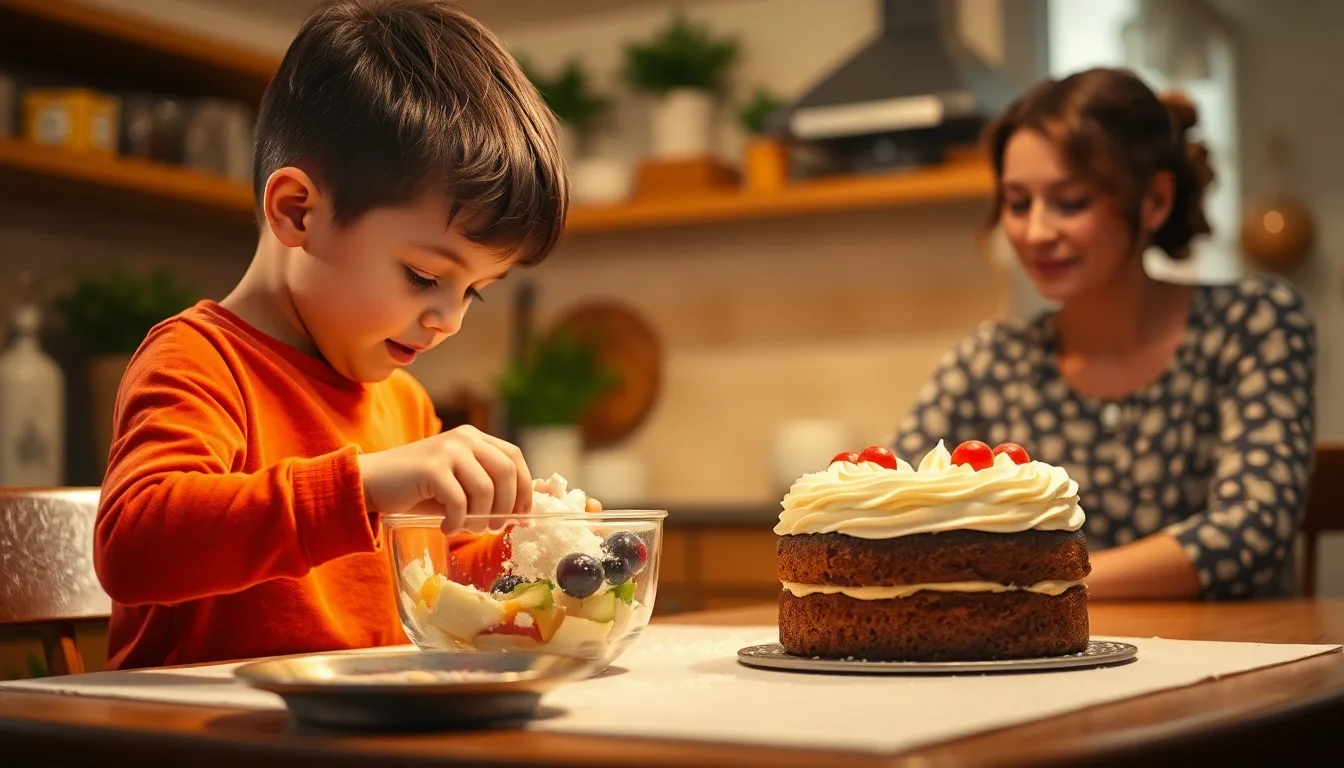 Enfant fier présentant un gâteau à sa mère émue