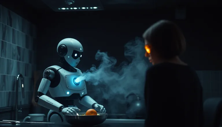 Un robot de cuisine avec un panneau d'alerte ou un symbole de danger.