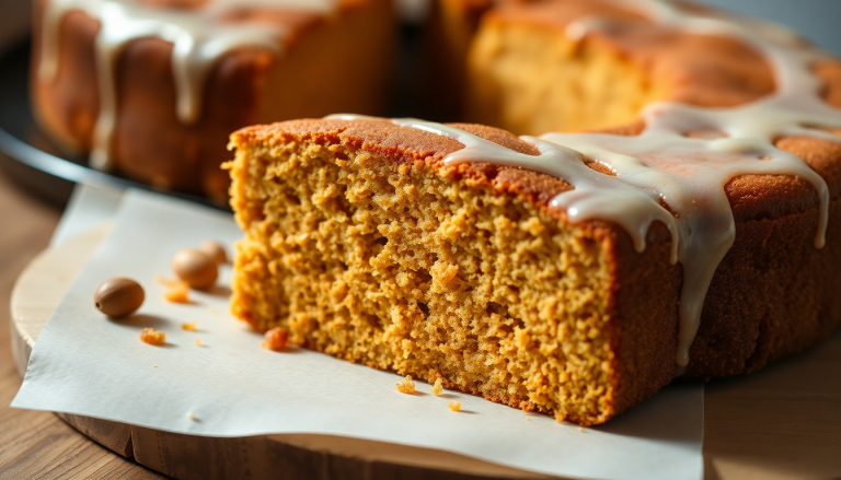 Tranche de carrot cake ultra-moelleux à la purée de patate douce, sur une assiette blanche.