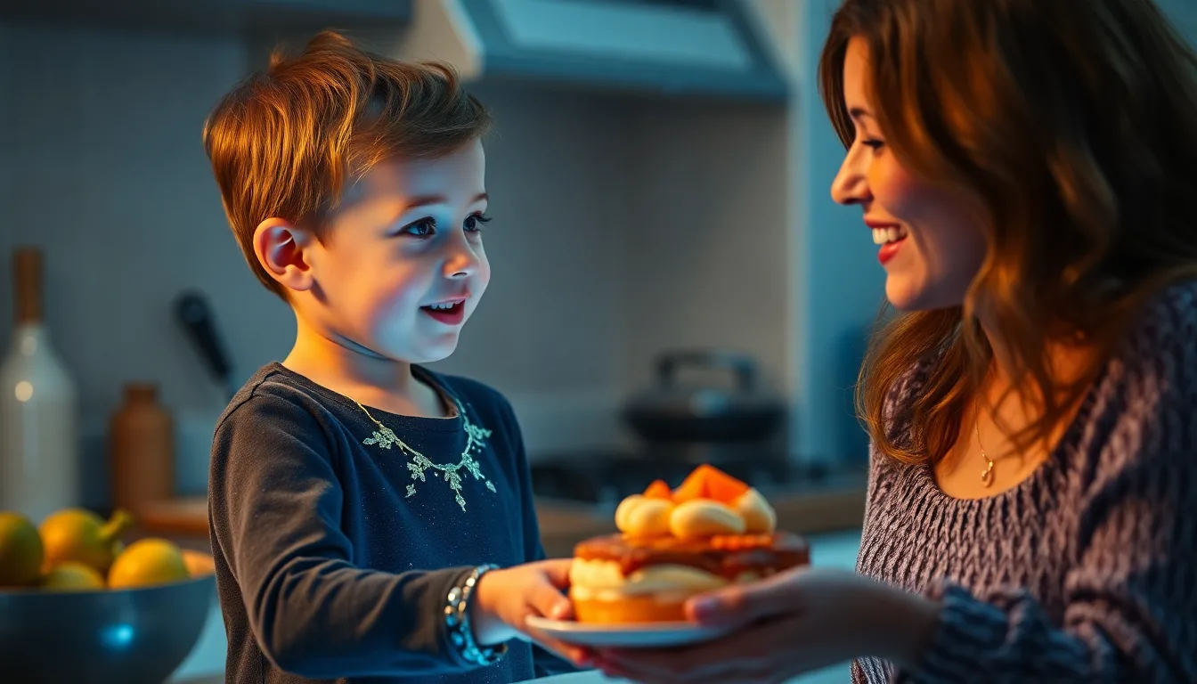 Un enfant fier présentant un dessert fait maison à sa mère souriante.
