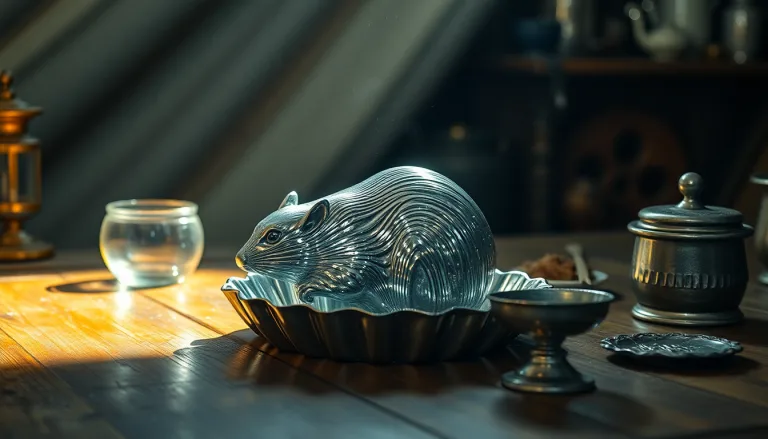 Un moule à tarte ancien en argent patiné posé sur une table en bois.