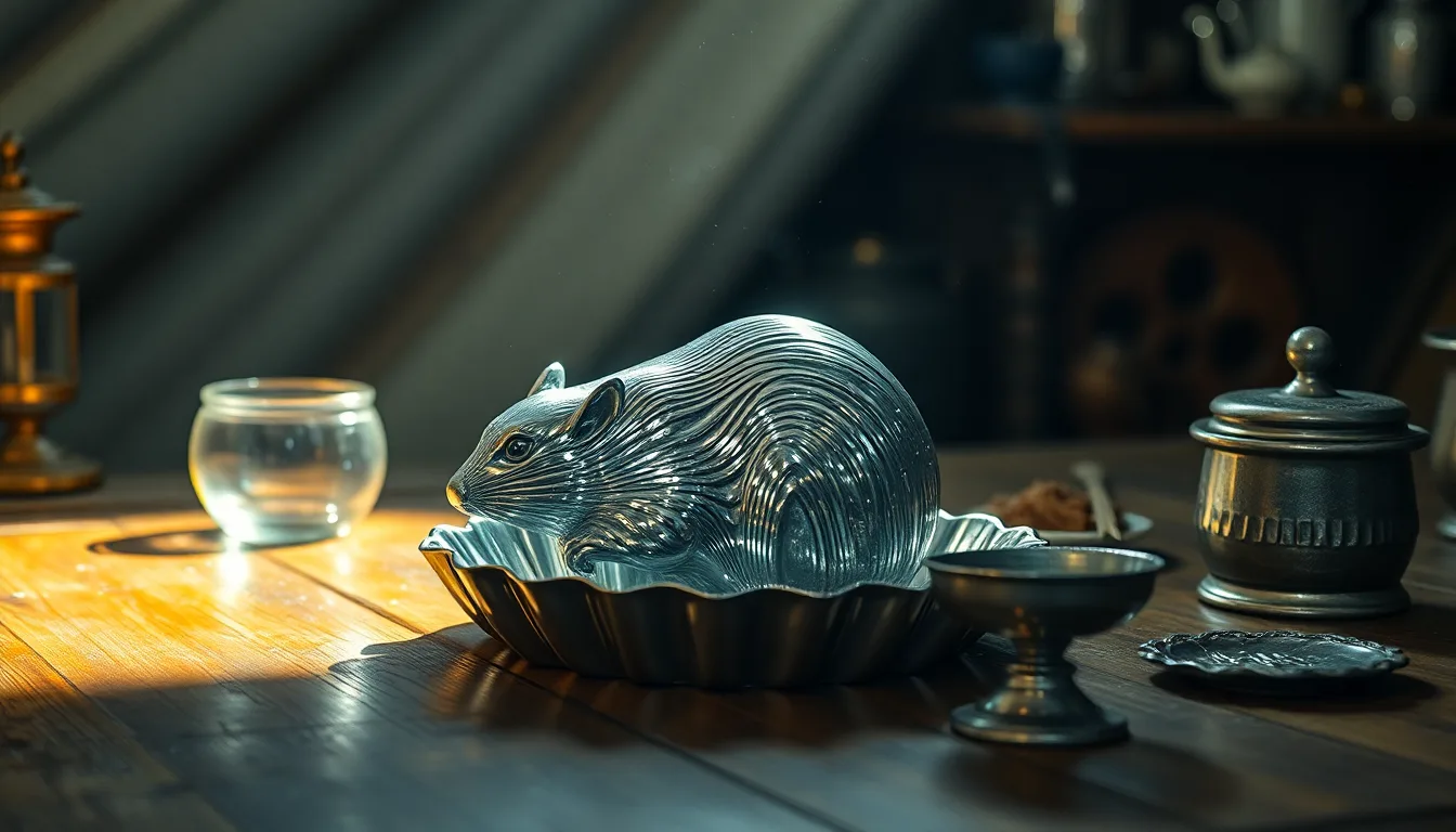 Un moule à tarte ancien en argent patiné posé sur une table en bois.
