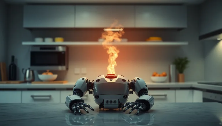Un robot de cuisine moderne posé sur un plan de travail.