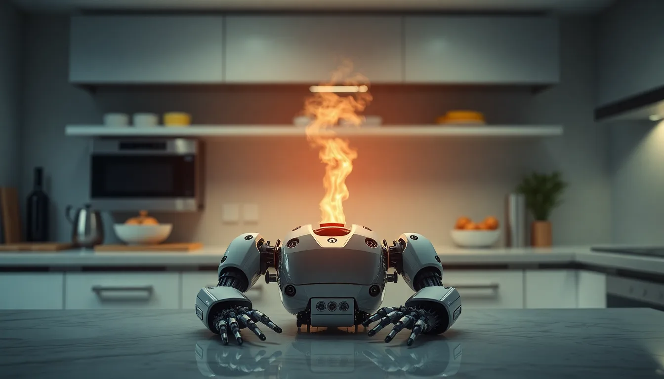 Un robot de cuisine moderne posé sur un plan de travail.