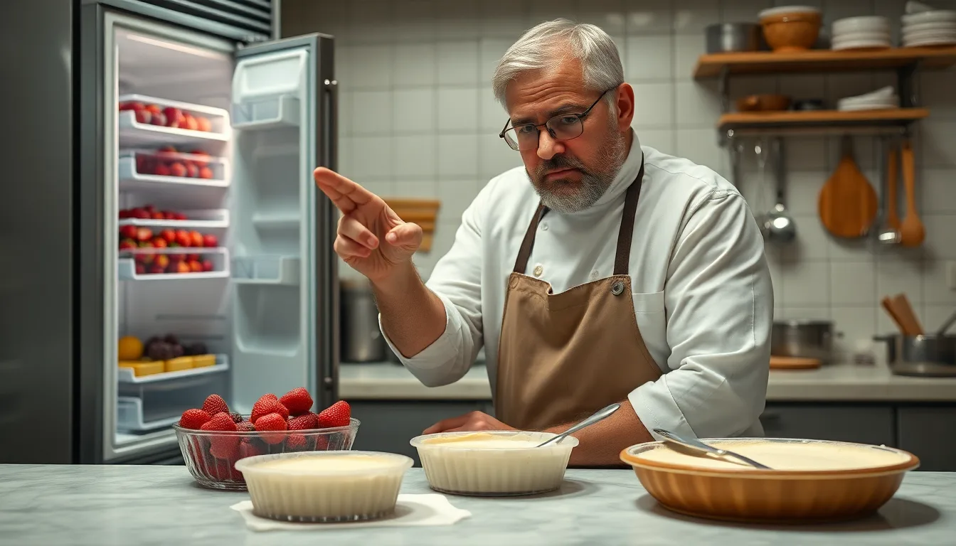 Des ingrédients de pâtisserie, certains dans un réfrigérateur, d'autres à l'air libre.
