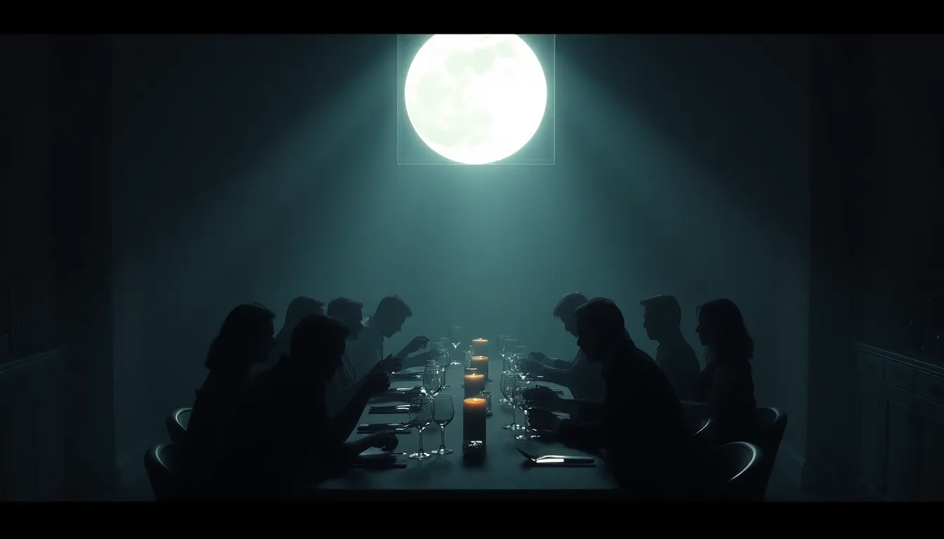 Une table de dîner dans le noir complet, avec des bougies éteintes