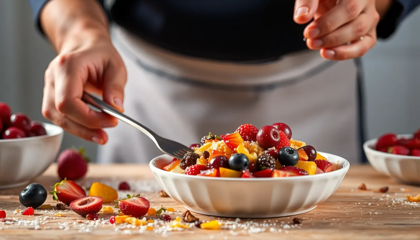 Une main présentant un dessert magnifiquement décoré, à côté de restes de fruits transformés en décoration.