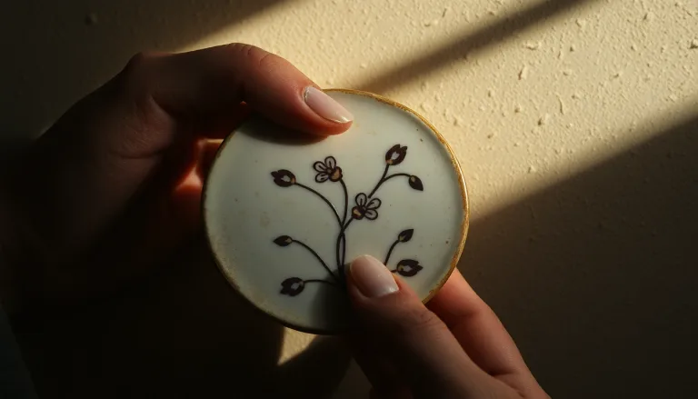 Un vieux sucrier en faïence de style ancien, légèrement ébréché mais orné de motifs délicats.