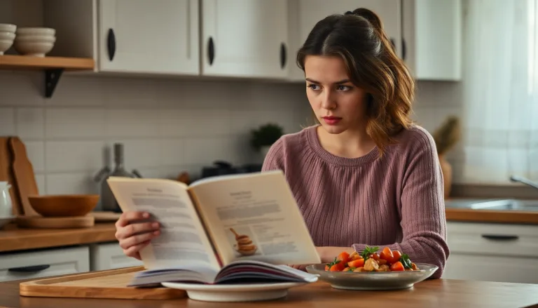 Une personne regardant une recette de cuisine avec un air dubitatif, puis souriant avec assurance.