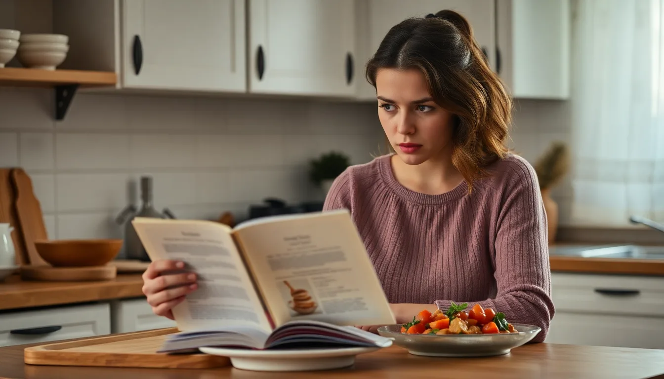 Une personne regardant une recette de cuisine avec un air dubitatif, puis souriant avec assurance.