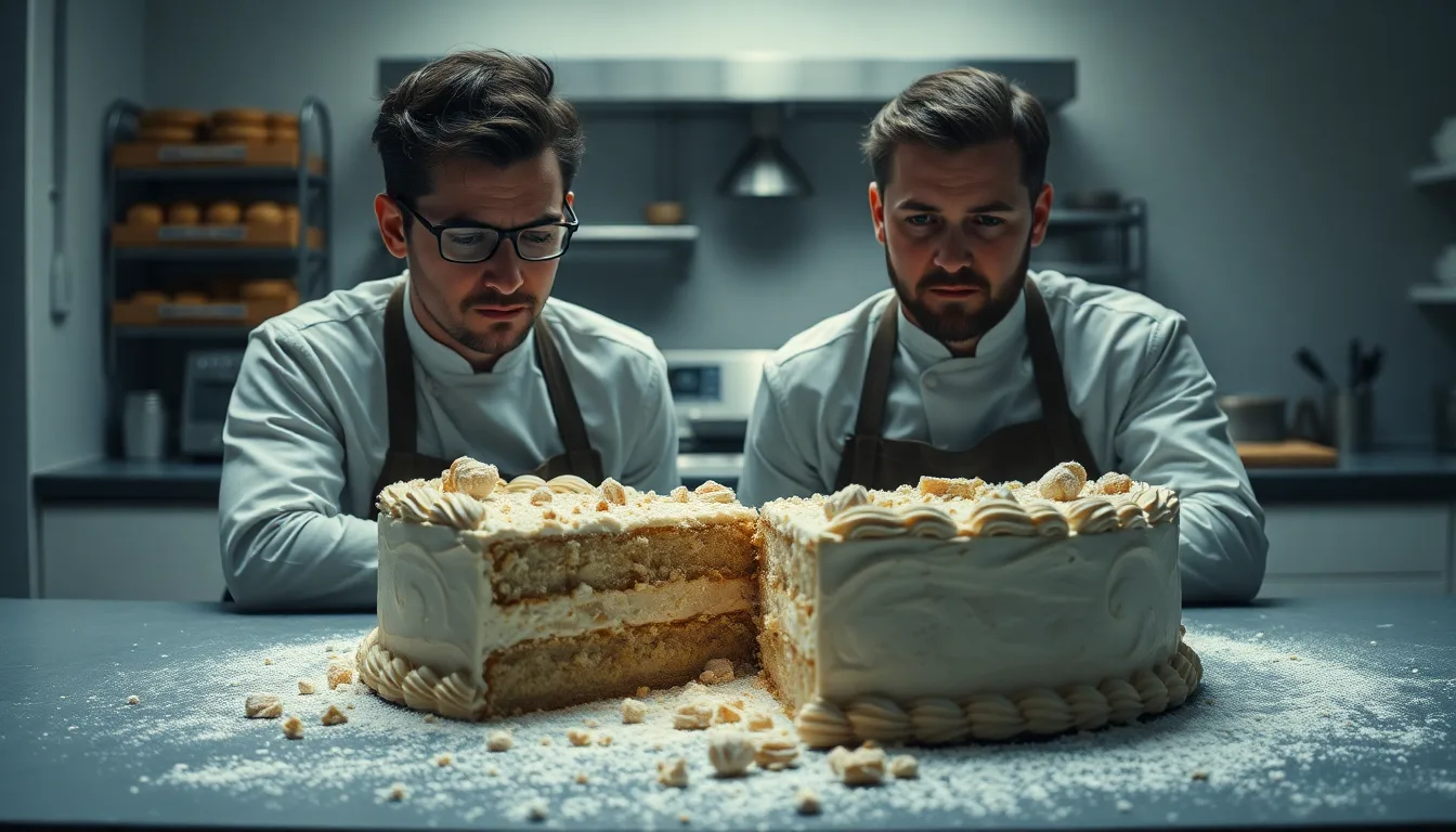 Un gâteau brisé en plusieurs morceaux juste après avoir été démoulé.