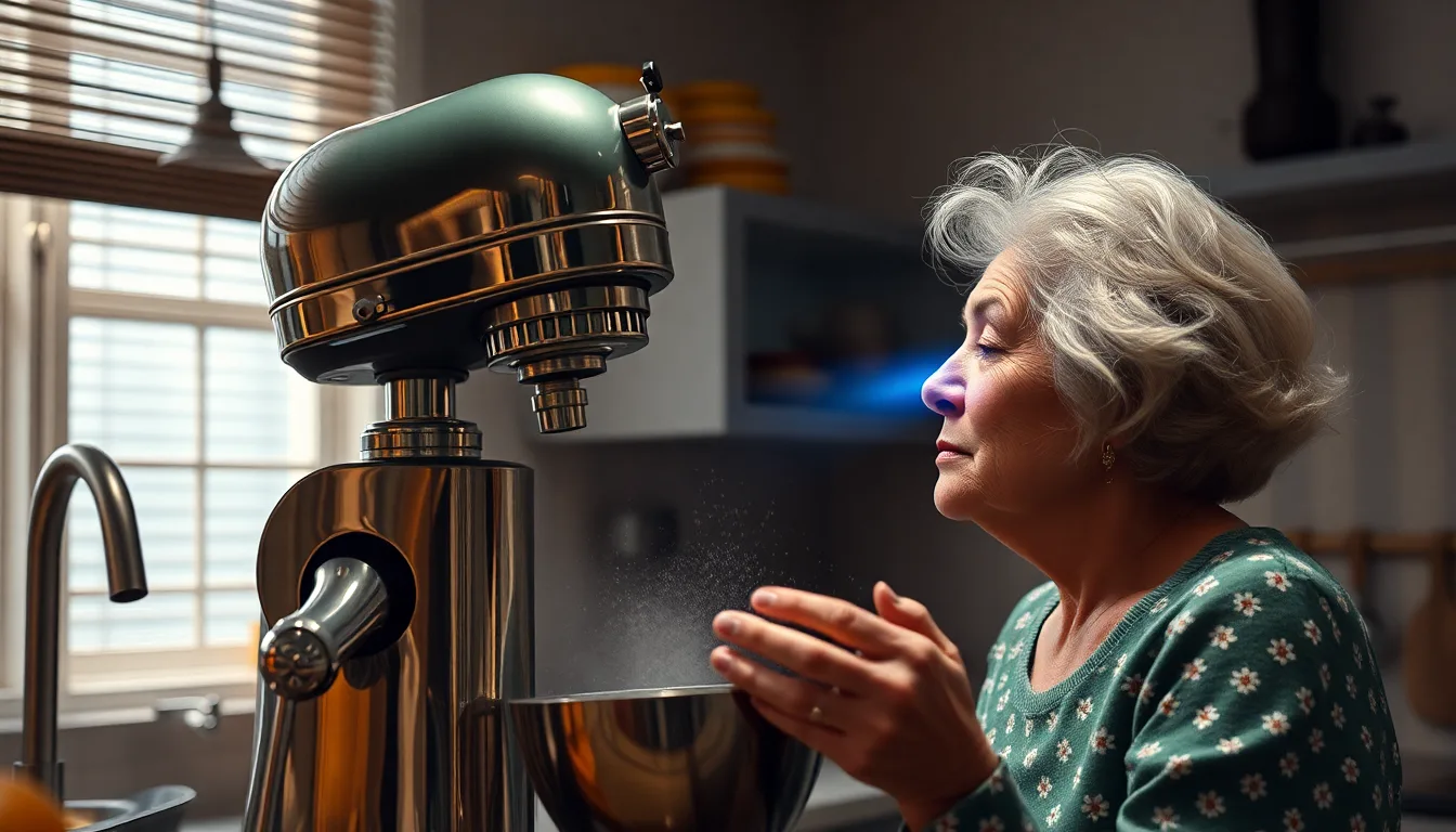 Gros plan sur un robot de cuisine vintage, son design rétro et quelques pièces détachées.