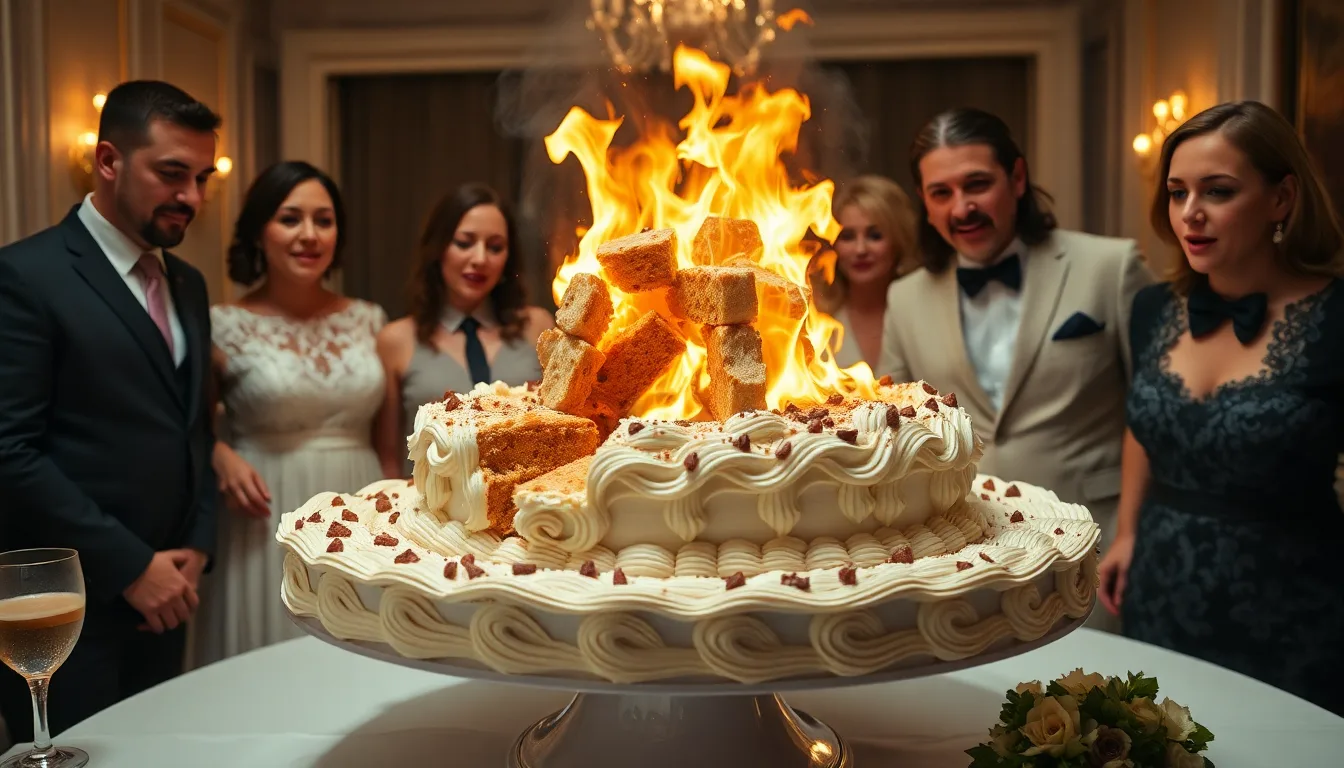 Un gâteau magnifique tombé au sol, brisé en plusieurs morceaux