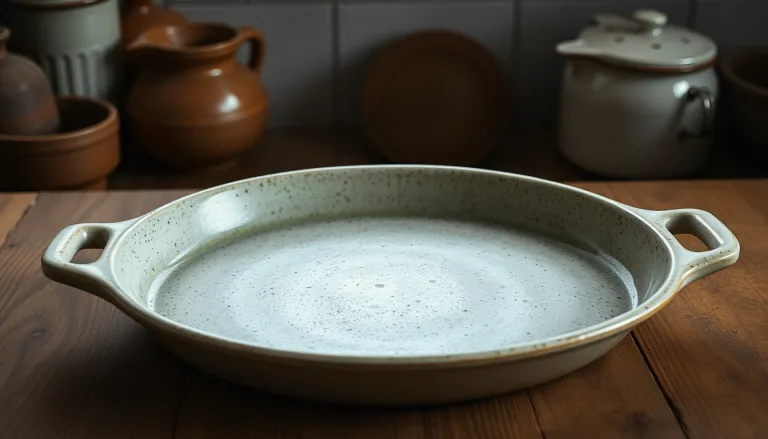 Vieux plat à gratin en terre cuite avec une nourriture dorée à l'intérieur.