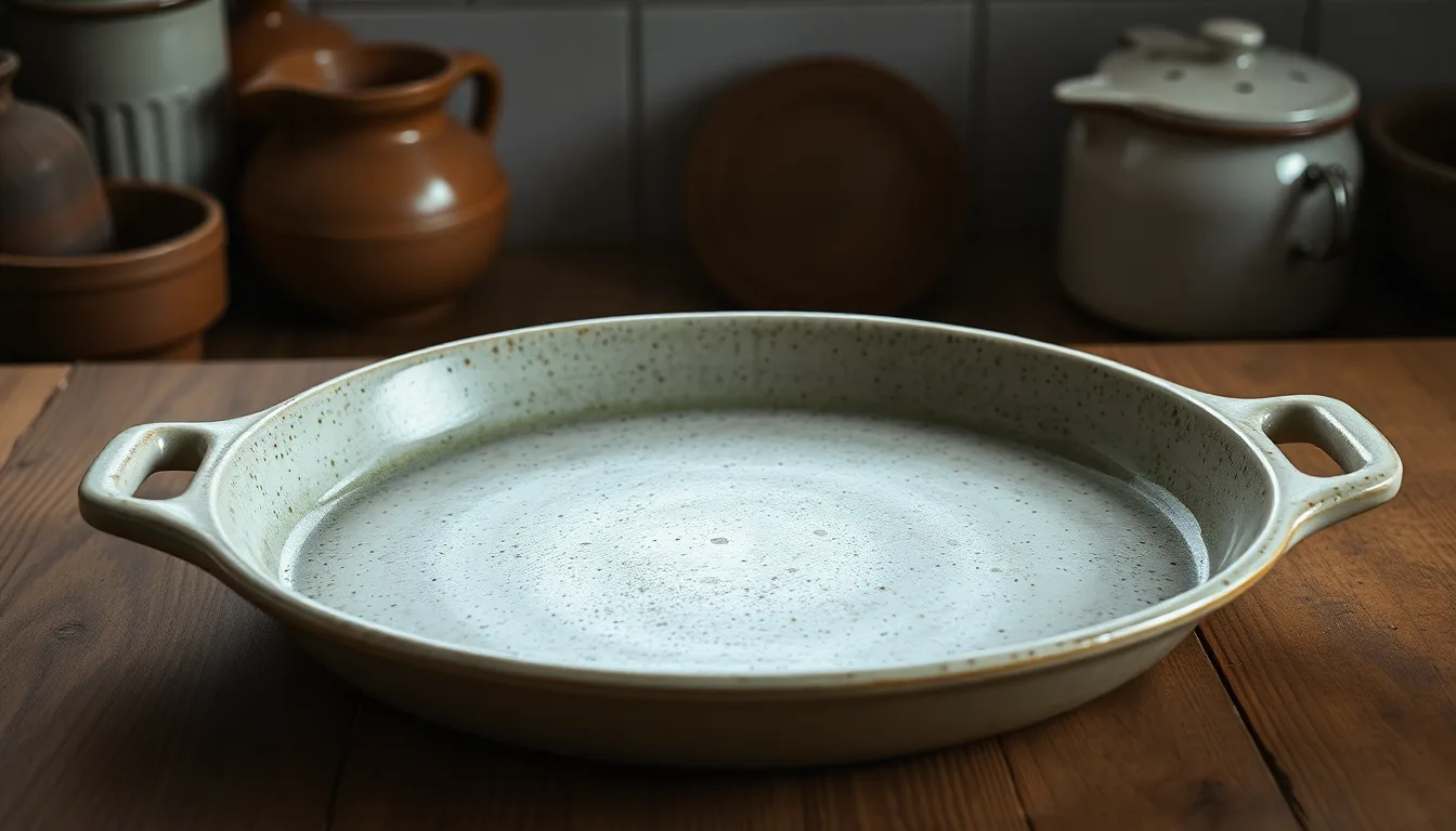 Vieux plat à gratin en terre cuite avec une nourriture dorée à l'intérieur.