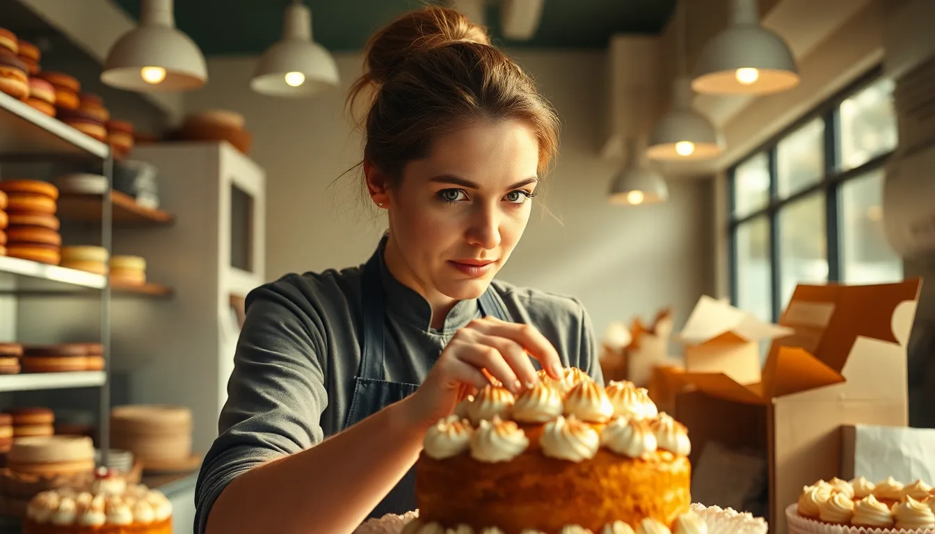 Une pâtissière soucieuse devant un étalage de desserts par forte chaleur.