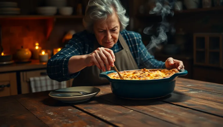 Plat à gratin vintage fumant au milieu d'un plat mijoté.