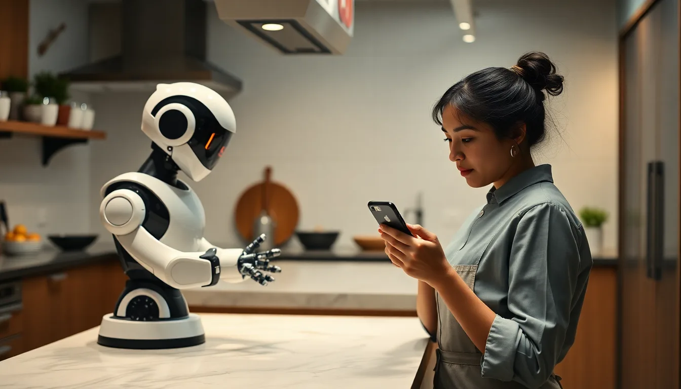 Un robot de cuisine sur fond rouge avec un panneau d'alerte.