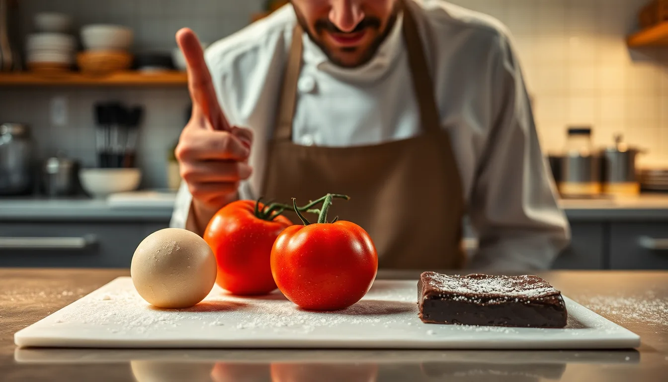 Des fruits frais et une boîte de chocolat à côté d'un réfrigérateur ouvert