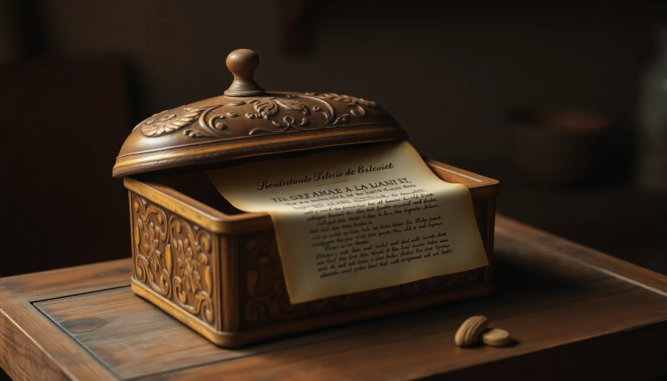 Une vieille boîte à biscuits vintage ouverte, révélant une recette manuscrite.