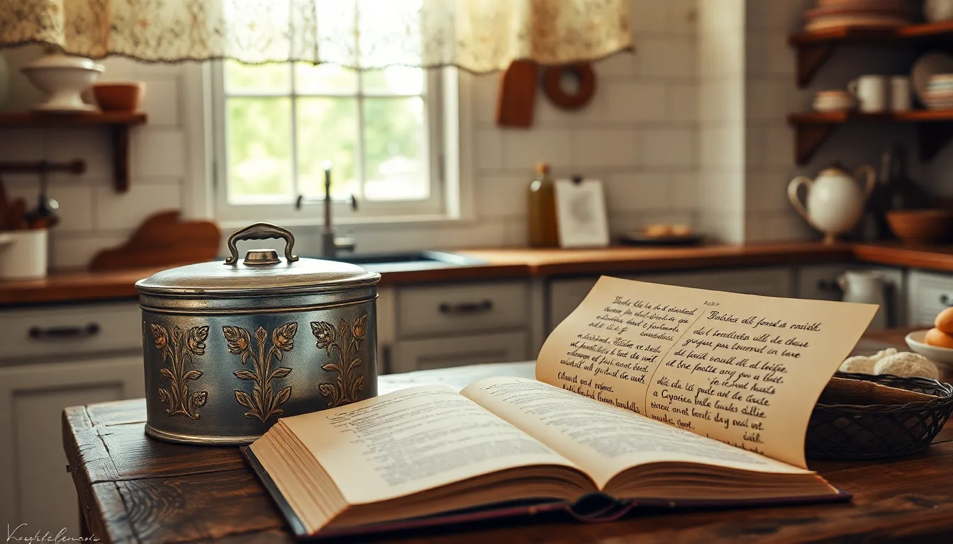 Une vieille boîte à biscuits rouillée ouverte sur des notes manuscrites.
