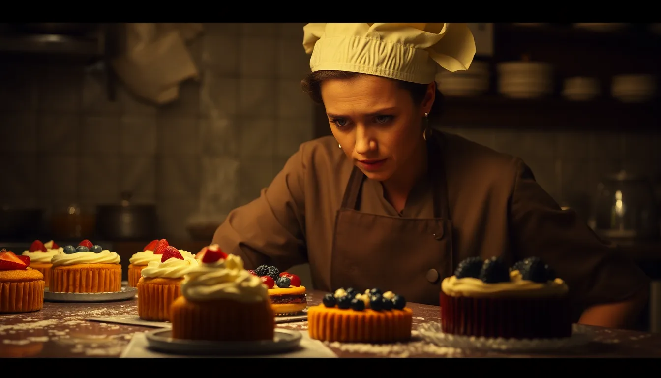 Une femme perplexe devant un réfrigérateur ouvert, des desserts visiblement fondus.