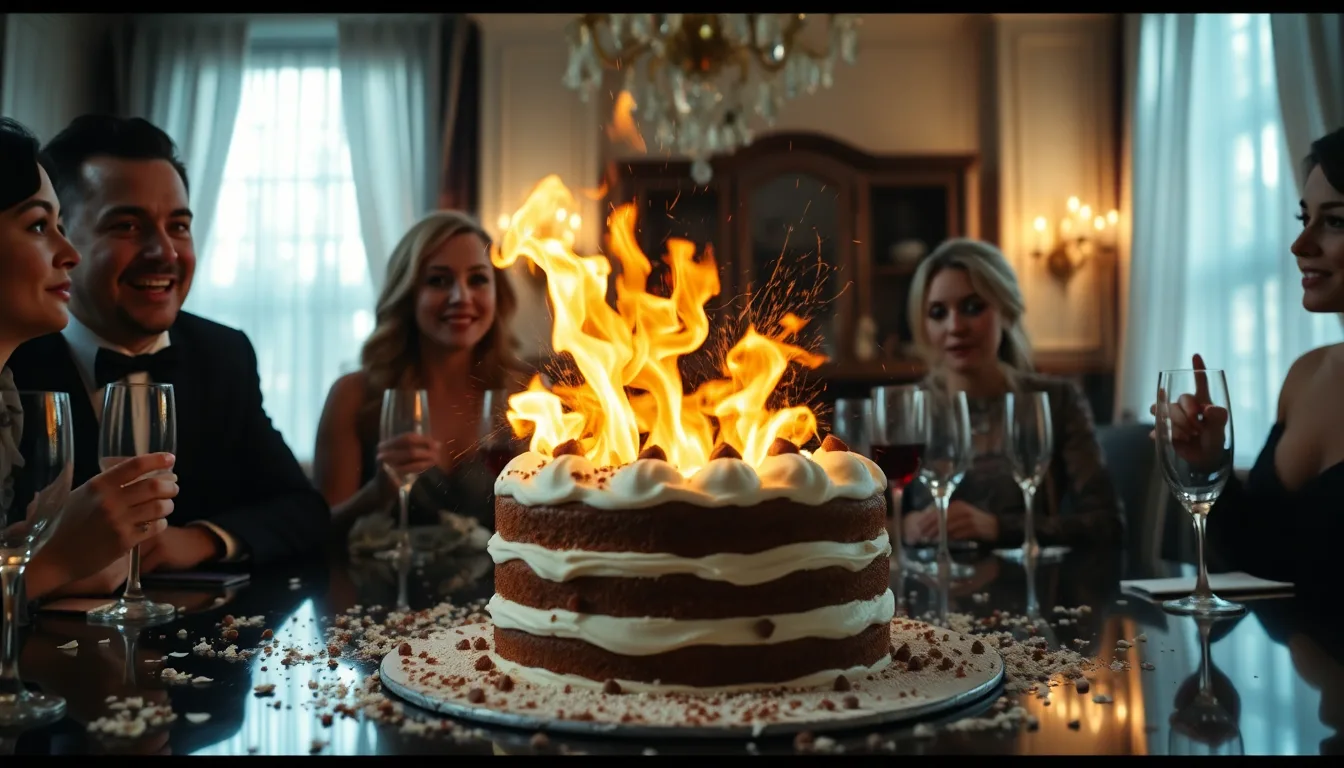 Un dessert en miettes suite à un démoulage raté, devant des invités choqués.