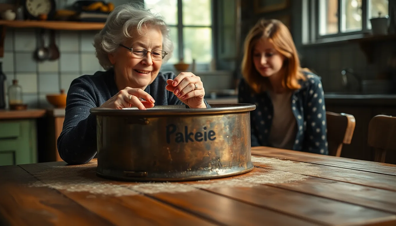 Vieux moule à cake en métal ancien, posé sur une table en bois rustique