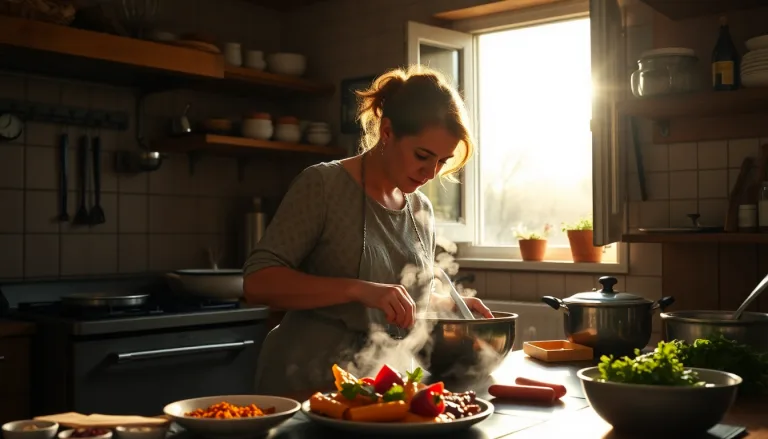 Une personne suffoquant devant sa cuisinière en pleine canicule, des plats fumants sur le plan de travail.