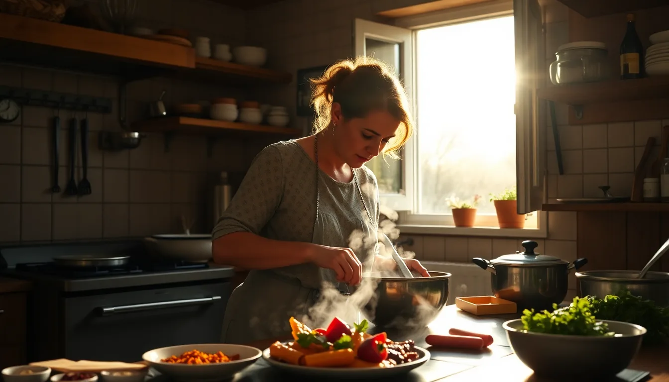 Une personne suffoquant devant sa cuisinière en pleine canicule, des plats fumants sur le plan de travail.