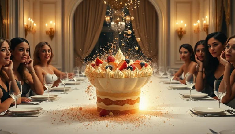 Un dessert en miettes sur le sol, avec des invités choqués en arrière-plan