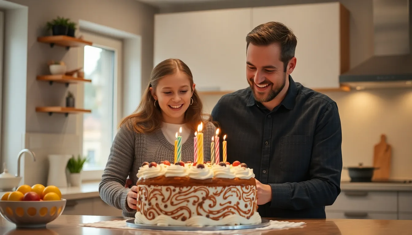 Un père et sa fille souriants devant un gâteau d'anniversaire joliment décoré et original.
