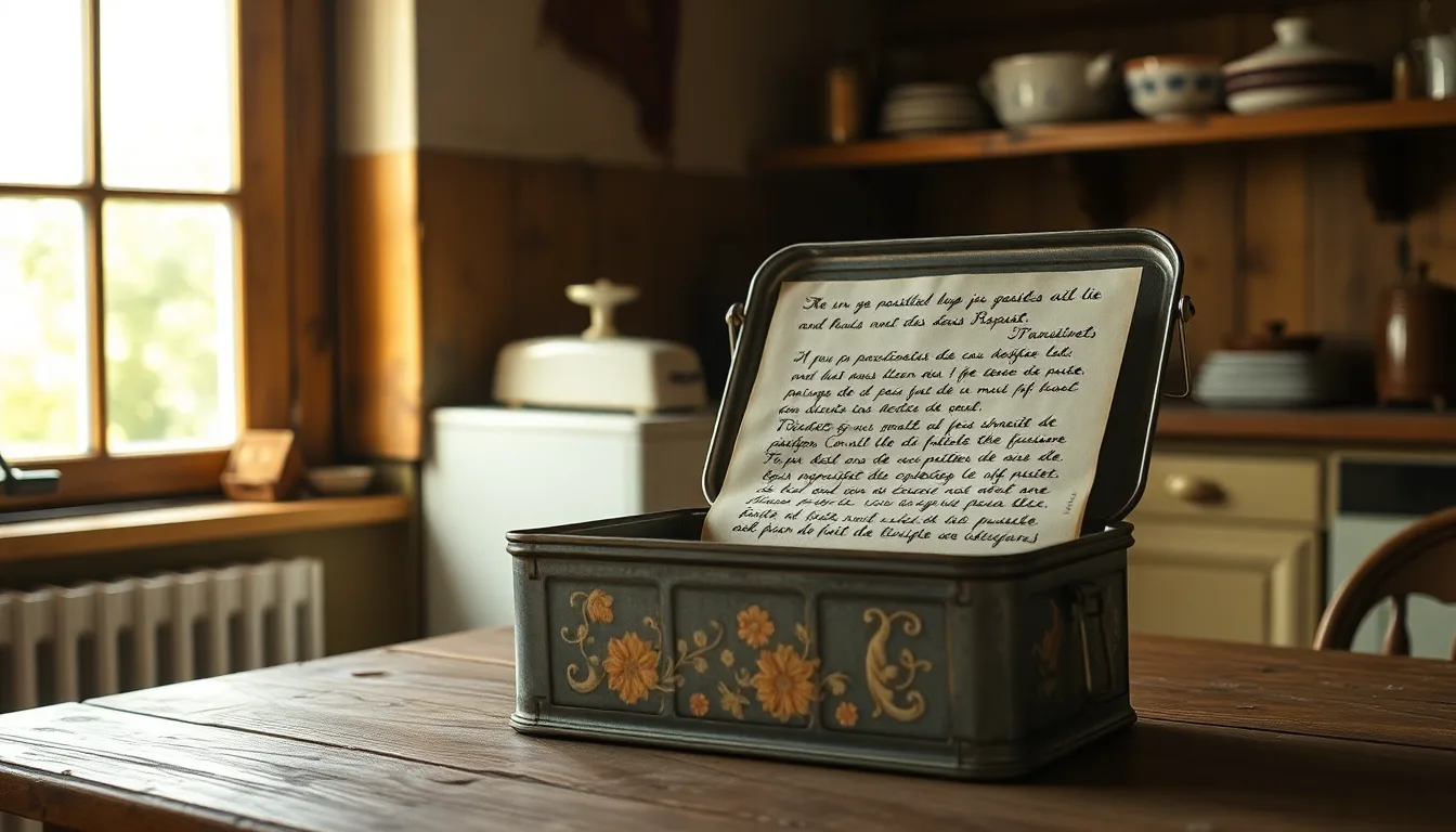 Une vieille boîte à biscuits vintage légèrement ouverte, laissant entrevoir une recette manuscrite.