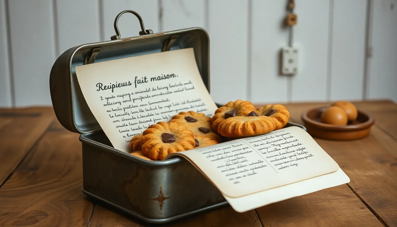 Vieille boîte à biscuits ouverte sur une recette