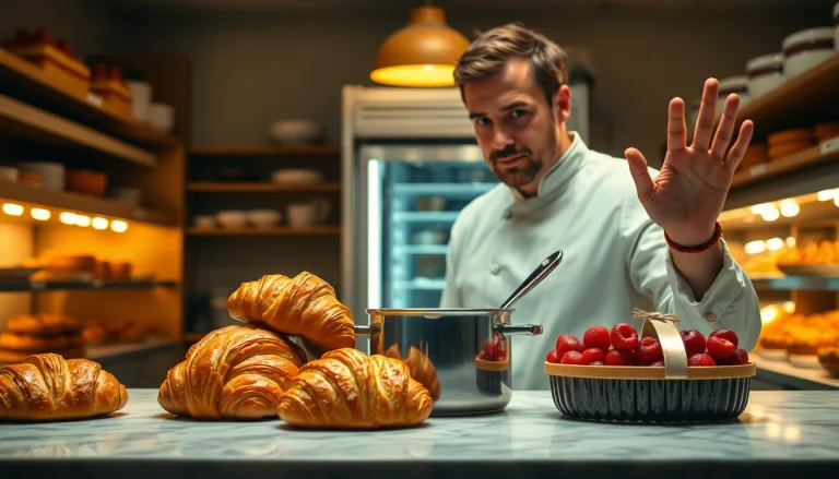 Trois ingrédients de pâtisserie (ex: chocolat, œufs, crème) avec une icône de réfrigérateur barrée.
