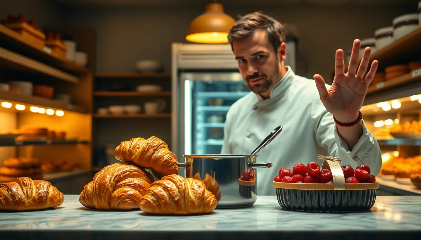 Trois ingrédients de pâtisserie (ex: chocolat, œufs, crème) avec une icône de réfrigérateur barrée.