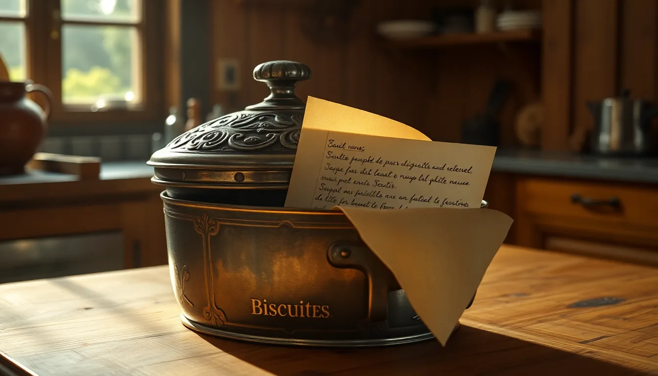 Une main ouvrant une vieille boîte à biscuits rouillée, révélant un papier jauni avec une recette manuscrite.